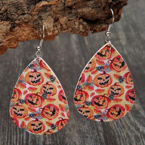 European and United States Halloween Scary Pumpkin Lamp Leather Earrings Female Funny Water Drop Double-sided Earrings Wholesale