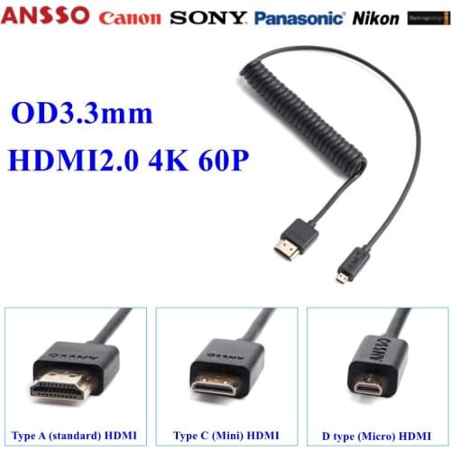 HDMI 2.0 4K60P Micro HDMI mini hdmi Digital Single Lens Reflex Soft spring cable 18Gbps OD3.3mm For SLR stabilizer