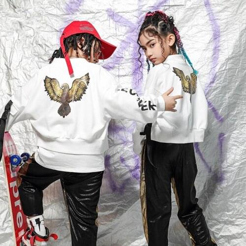 New Girls Jazz Dance Clothing White Print Jacket Korean ChildrenS Hip-Hop Performance Clothing Model Show Sport Wear DWY3206