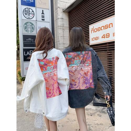 Korean Jacket Streetwear Mid-long Denim Jacket Vintage Floral Print Boyfriend Style Loose Jeans Jackets 2020 Spring Streetwear