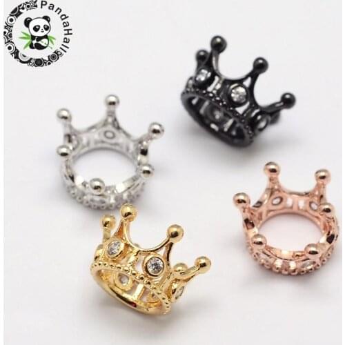 30pcs 13x8mm Crown Brass Micro Pave Grade AAA Cubic Zirconia Large Hole Beads, Cadmium Free & Nickel Free & Lead Free