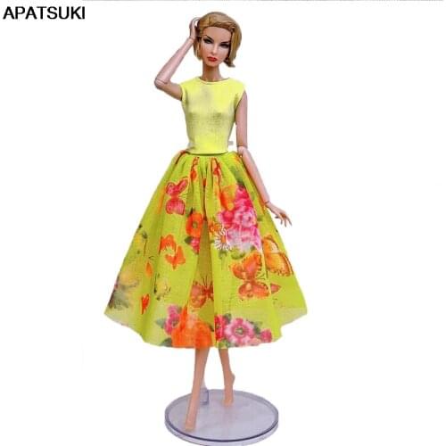 Fashion Doll Clothes For Barbie Doll Outfits Party Gown Yellow Top & Floral Midi Skirt 1/6 Dolls Accessories Kids Toy