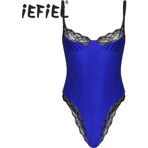 Mens Sissy Lace Bodycon Bodysuit Lingerie Spaghetti Strap Sleeveless Unlined Wireless Bra Leotard Lingerie Underwear Nightwear