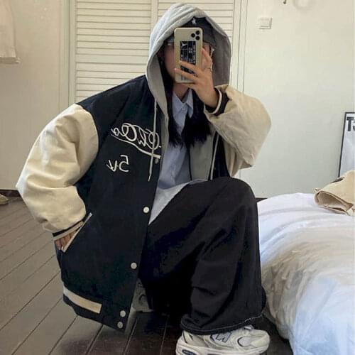Men womens sweatshirt Jacket 2021 new Korean loose hip hop all-match BF plus velvet fake two-piece baseball uniform sports coat