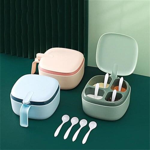 Spice Rack 4 Grids Spoon Kitchen With Lid Container Seasoning Box Herb Spices Storage Condiment Jar Cooking With Handle Desktop