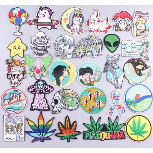 Cartoon Animals Patches For Clothing Punk/Skull Embroidered Patches For Clothes Appliques For T-shirt Badges Green Plant Patch