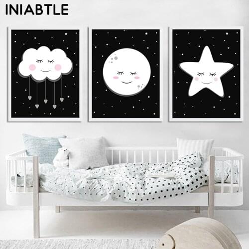 Cute Moon Star Cloud Baby Nursery Wall Art Black Sky Canvas Poster Print Decoration Painting Picture Nordic Kids Bedroom Decor