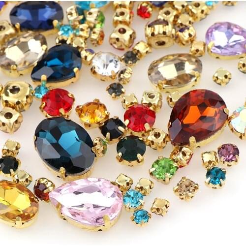 About 100Pcs Mix Color& Shape Glass With Gold Copper Claw Sew On Stone Strass Metal Base Buckle For Wedding Decoration/Clothes