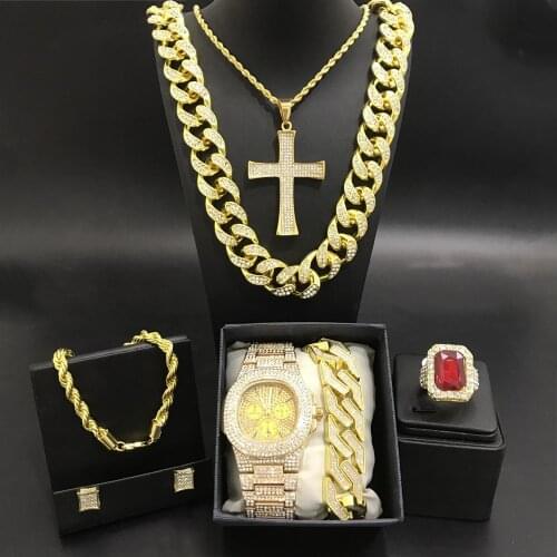 Luxury Men Gold Color Watch & Necklace & Braclete & Ring &Earring Combo Set Ice Out Cuban Jewerly Neckalce Chain Hip Hop For Men