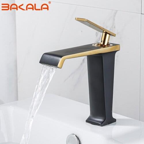 BAKALA Basin Faucets Black Brass Tall/Low Bathroom Open Type Waterfall Basin Mixer Tap Cold Hot Water Sink Mixer Taps Torneira