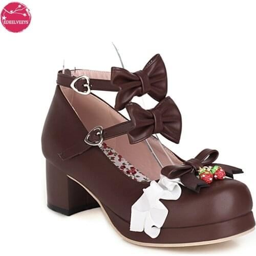 Women Lolita Shoes Girls Kawaii Mary Jane Platform Pumps Strawberry Bow Block High Heels Princess Japanese Cosplay Wedding Party
