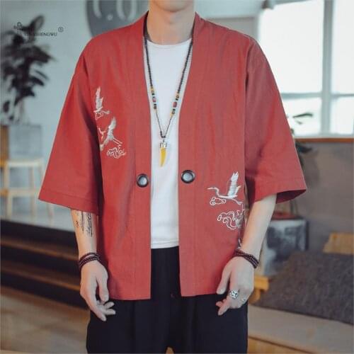 Japanese Kimono Crane Samurai Costume Men Harajuku Style Japan Haori Women Cardigan Print Yukata Chinese Asian Traditional Coat