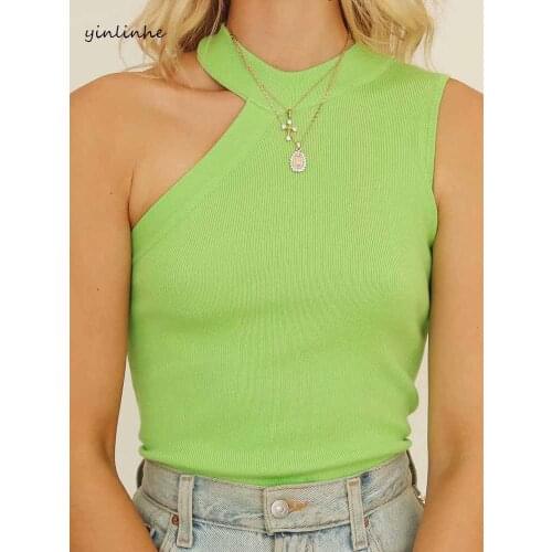 Yinlinhe Halter Knitted Tops Women Cold Shoulder Slim Vest Summer Tops VintageTank French Style Show Thin tops Sleeveless 1680