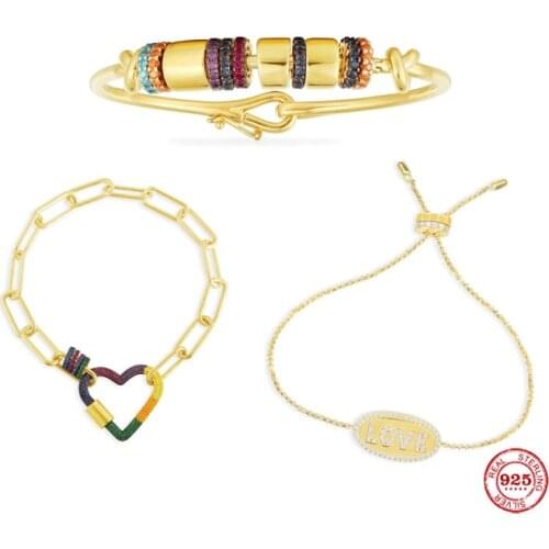 925 Sterling Silver Jewelry,LOVE AMOUR Adjustable Bracelet ,Bangle With Multi-Color Sliding Chain Bracelet With Rainbow Heart