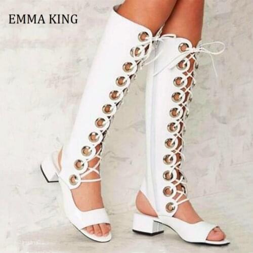 2020 New White Grommet Women Gladiator Roman Sandals Chunky Heel Open Toe Cross-tied Knee High Sandals Boots Sexy Women Botas