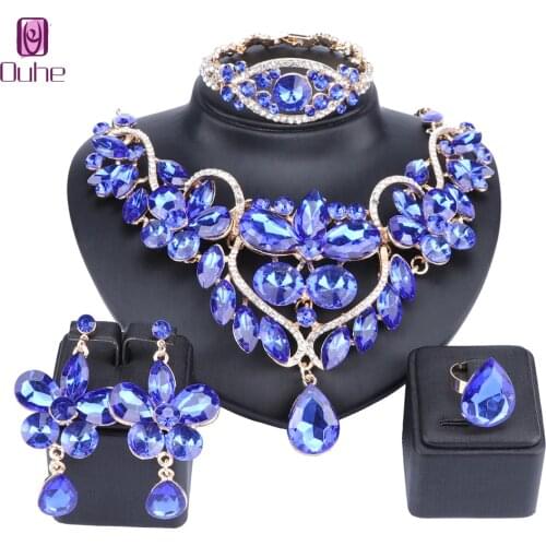 Luxury Crystal Rhinestone Flower Necklace Bracelet Earrings Ring Set For Women Wedding Bridal Jewelry Sets 5 Colors