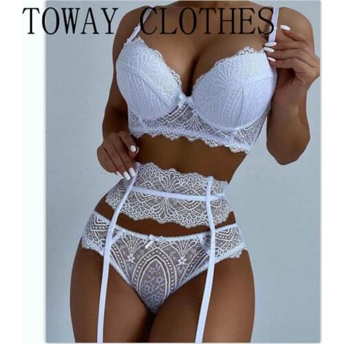 Women Summer V-Neck Sleeveless Patchwork Sexy Lace Sling Bra Sets With Garter Sexy Sets