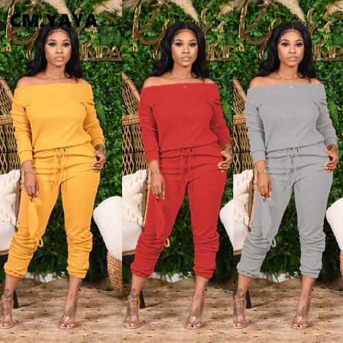 CM.YAYA Activewear Solid Womens Set Off SHoulder Sweatshirt Jogger Pants Set Sporty Tracksuit Fitness Two Piece Set Outfits
