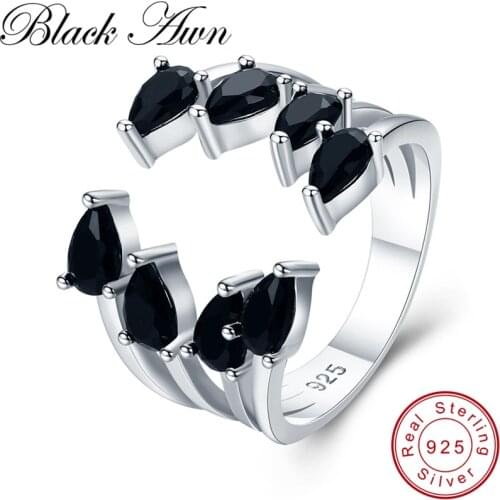 [BLACK AWN] Real 925 Sterling Silver Ring Black Spinel Elegant Open Wedding Rings for Women Sterling Silver Jewelry G043