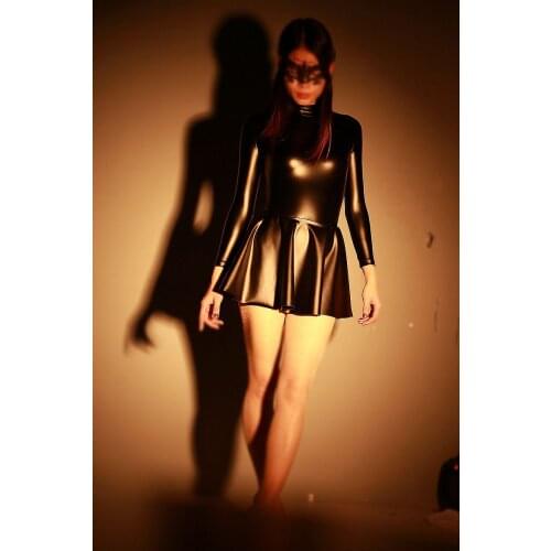 Women Latex Long Sleeve Black nightclub party dresses Sexy Leather Halloween Cosplay Student Mini Flounced Dress Stage customs