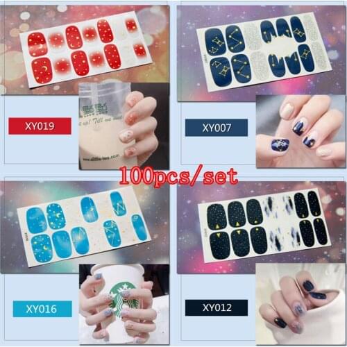 100pcs Full Covered Nail Stickers Mixed Moon Sun Star 20 Designs Decal Wrap DIY Nail Art Decorations Manicure Beauty Accessory