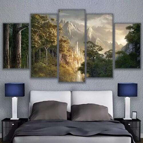 Wall Art Canvas Paintings Prints Framework 5 Pieces Castle In The Mountains Pictures Rings King Posters Living Room Decor