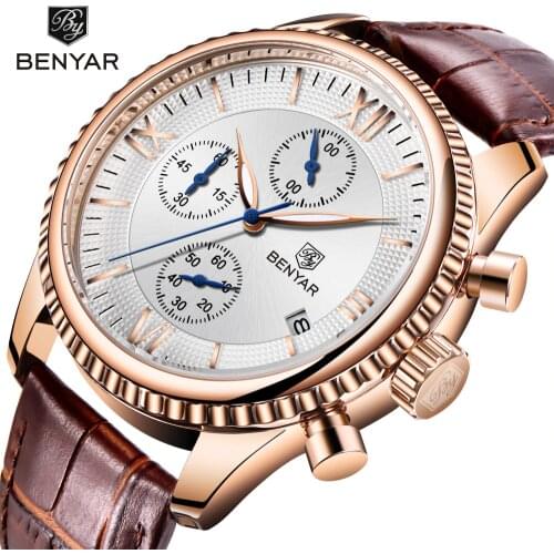 BENYAR mens watches waterproof luxury brand 24 hour date sport mens leather watch quartz wrist watch men, watch-proof