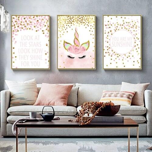 Home Decor Nordic Style Canvas Modern Unicorn Letter Painting Pictures Wall Art Prints Watercolor Modular Poster For Girl Room