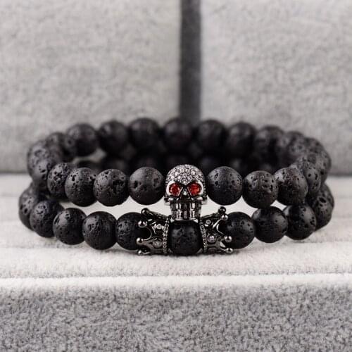 DOUVEI New 4 Color 2PCS Vintage Lava Beads Bracelets For Men Ethnic Prayer Crown&Skeleton Bracelet Women Pulseras ABD086