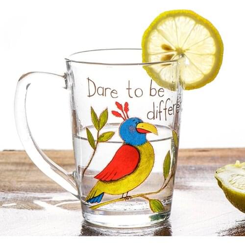 European Lead-free glass cup Creative Small fresh cute cartoon Drinking water cup with handle milk glass Household glassware