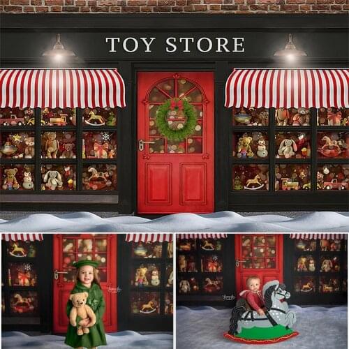 Christmas Toy Shoppe Photography Backdrops Outdoor New Year Snow Street Side Newborn Kid Background for Photo Studio Photoshoot
