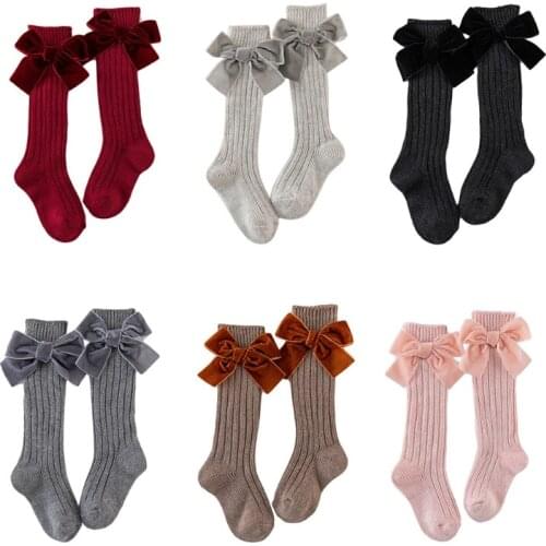 Kids Girls Chunky Ribbed Knit Knee High Socks Solid Cute Velvet Bow Stockings L4MC