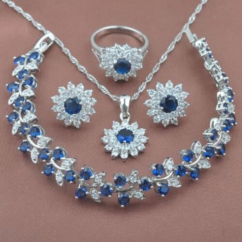 Classic Design Blue Zirconia Silver Plated Jewelry Sets Womens Wedding Bracelet Necklace Pendant Earrings Ring YZ0152