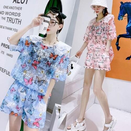 2 Pcs New Designer Women Summer Clothing Sets Lace Cartoon Print Loose Blouses Tops And Party Shorts Pants Suits Set NS652