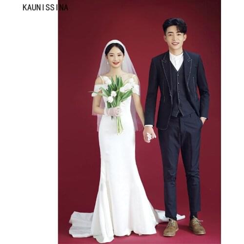 KAUNISSINA Korean Mermaid Wedding Dresses Spaghetti Straps Short Sleeve Court Train Satin Bridal Gown White Simple Bride Vestido