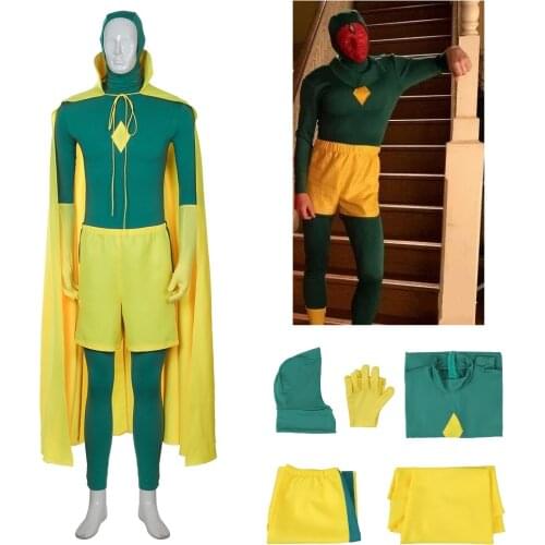 Movie Wanda Vision Costume Bodysuit Vision Cosplay Jumpsuit Cloak Green Yellow Outfits Paul Bettany COS Halloween Carnival Suit
