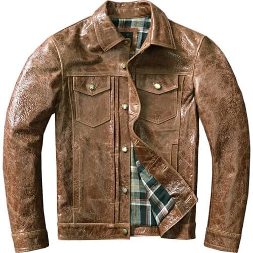 Slim Leather Jacket Mens Genuine Leather Jacket Pure First Layer Cowhide Oil Wax Retro Style Jacket