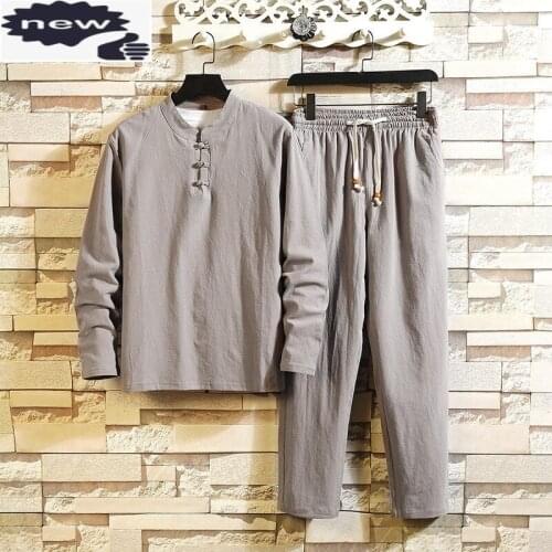 Mens Casual Long Sleeve Top Loose Set Lace Up Pantsuit Tracksuit Vintage Cotton Linen Harajuku Plus Size Men Two Piece Outfits