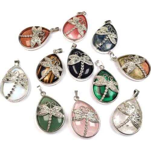 Natural Stones Pendant Quartz Tigers Eye Lapis Lazuli Crystal Dragonfly Pendants for Jewelry Making DIY Necklaces Accessories