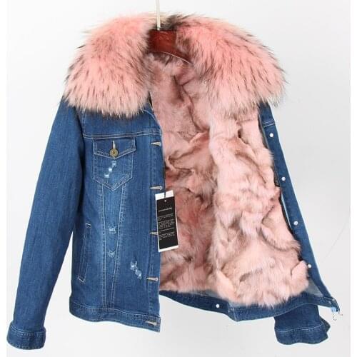 Natural raccoon fur collar denim fur jacket high quality fox lining thermal jacket fashion womens streetwear