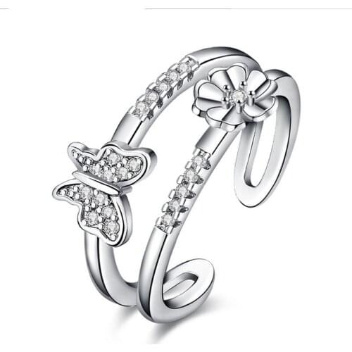 NEW fashion design butterfly Flowers Inlaid zircon Rings sweet romantic Couple style Womans Girls Open rings Free shipping