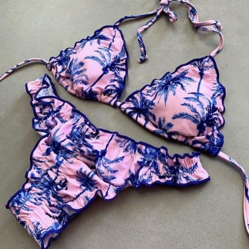 Sexy Micro Halter Bikini Pink Thong Swimsuit Coconut Tree Women Swimwear 2 Pieces Bathing Suit 2020 Swimming Suit Biquini