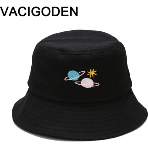 VACIGODEN Women Planet Star Embroidered Bucket Hat Fedoras Outdoor Chapeau Fisherman Caps De Pescado Gorros