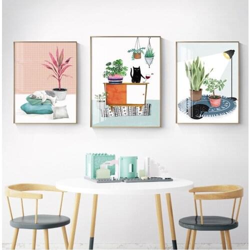Fresh adorable illustration cartoon style cat bookcase Green plant Modern Wall Art Picture Canvas Painting for room Decor gift