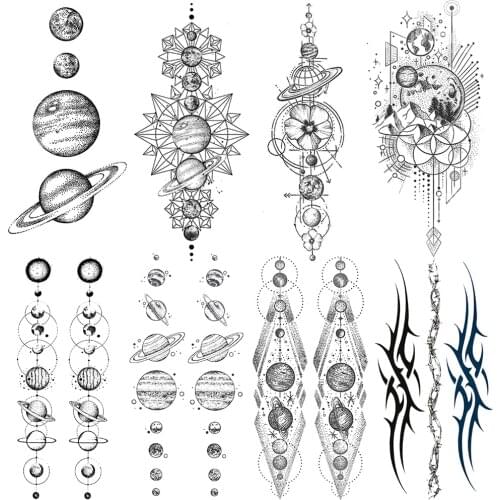 Planet Star Temporary Tattoos For Kids Girls Boys Black Large Round Tattoo Sticker Geometry Fake Mountain Tatoo Armband Leg DIY