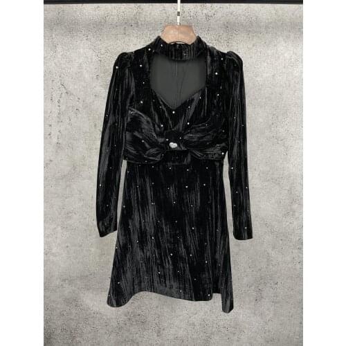 Ladies 2021 fashion new long sleeve high neck crystal diamond velvet waist dress 0112
