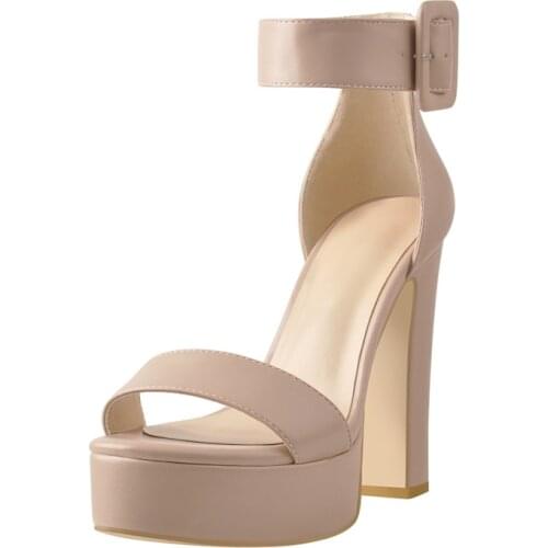 Richealnana Summer Concise Women New Fashion Flesh Pink Sandals Platform Chunky Square Heels Ankle Strap Hook&Loop Large Size