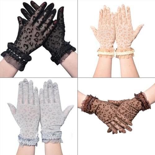 Women Summer Mesh Fishnet Leopard Short Gloves Shiny Ruffles Trim Wrist Length Anti-UV Sunscreen Driving Full Finger Mittens