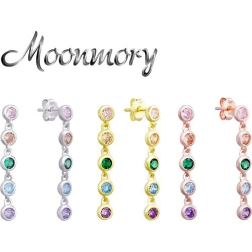 Moonmory 925 Sterling Silver Colorful Zircon Bead Chain Stud Earring For Women Rock Punk Crystal Tassel Piercing Earring Jewelry