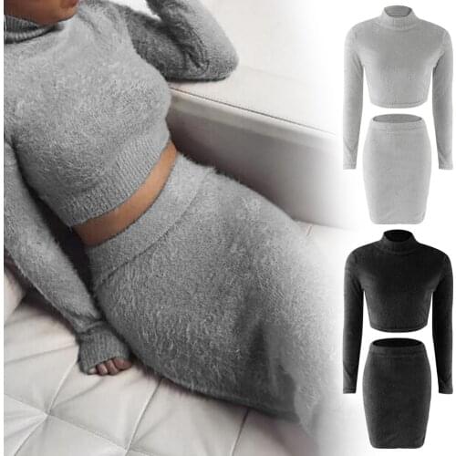 Set (2pcs) Autumn Women Bandage Suit Long Sleeve Fleece Crop Top Pencil Midi Skirt Solid Bodycon Dress Sweater Tracksuit